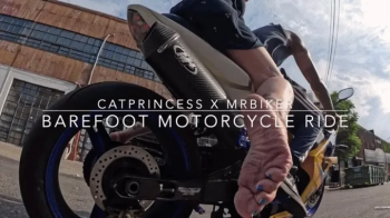 Barefoot motorcycle ride on a sunny NYC day, sexy size 9 milf soles, blue toes, flip flop drop, dirty feet, long tattooe.webp