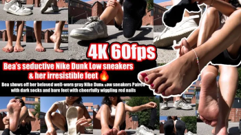 4k 60 fps - Bea presents her old, worn Nike Dunk Low sneakers - Grey - dark, smelly socks and bare feet with wiggling to.webp