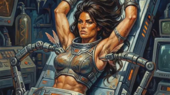 Sexy Science fiction babe has her armpits and breasts tickled and prodded by bondage BDSM robot machine device.webp