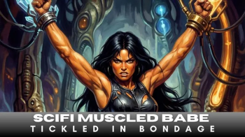 Sexy scifi muscle babe chained to device bondage machine and tickled in BDSM fantasy.webp