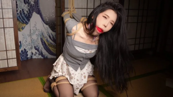 Bitch with ballgag arms bondage hogtied struggling.webp