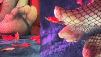 Tiny guy and feet in fishnet tights.webp