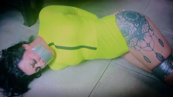 Amethyst Bound - Amethyst Mars - neon workout gear, white socks, tape bondage, duct tape, tape gagged, struggling, kitch.webp