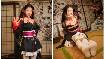 ballgag struggling Unbreakable Machine-Doll cosplay rope bongage tight clogs white socks.webp