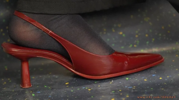 Amazing nylon feet with sexy red high heel pointed sandals, foot fetish ignoring and admiration close-up.webp
