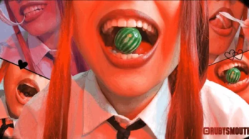 Makima chewing a tiny watermelon and A tiny man.webp