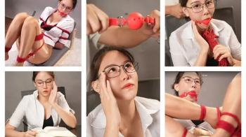 ballgag struggling hogtied rope bongage tight Glasses spectacles stockings High heel teacher student role play.webp