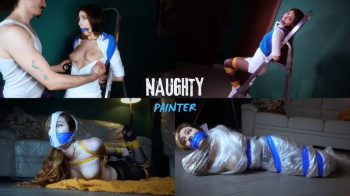 Naughty painter - Rey & Leon - 1080p MP4 - Mummification, hogtied, gag panties, chair tie, groping, wrap around tape gag.webp