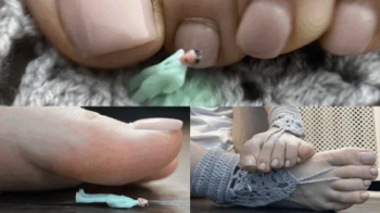 Tiny knitting master enjoys giantess' feet.webp