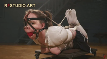 Arina - Strict Hogtie with Harness Ballgag, Nosehook and White Stockings - Suspended on Rolling Cart (FULL HD MP4).webp