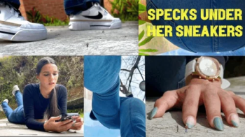 SPECKS UNDER HER SNEAKERS - Gigantic Andrea flattens and sits on Micropeople.webp