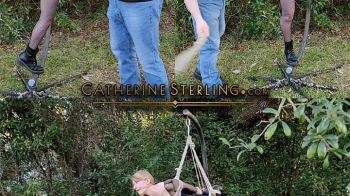 Blonde Goth in Fishnets & Corset Bondage Outdoors at Dusk, in a Real-time Rope Suspension Under the Trees! HD Video 0162.webp