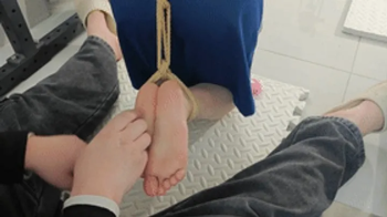 xy350 - Barefoot girl with her neck and hands bound by metal, her feet suspended and tickled.webp