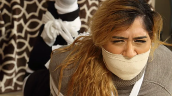 College Co Ed Olivia Torn Sheet Bound, Massively Gagged & Blindfolded in- Bondage Games Gone Wrong! RE ENCODE 2025.webp