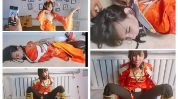 Wearing a cosplay costume with a gag to control breathing and bound to a chair she was subjected to BDSM with copious am.webp
