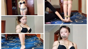 Stand on tiptoe upright bondage Stockings used to gag vibrator stimulation foot tickling whipping.webp