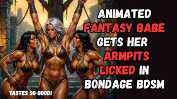 Sexy fantasy muscled buxom captive babe in suspension BDSM Bondage punishment has her muscled Armpits licked by two kink.webp