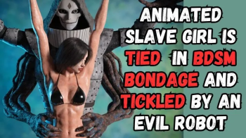 Tickling Dungeon slave girl in a bikini suspended by wrists in a dark dungeon as an evil robotic device tickles her bell.webp
